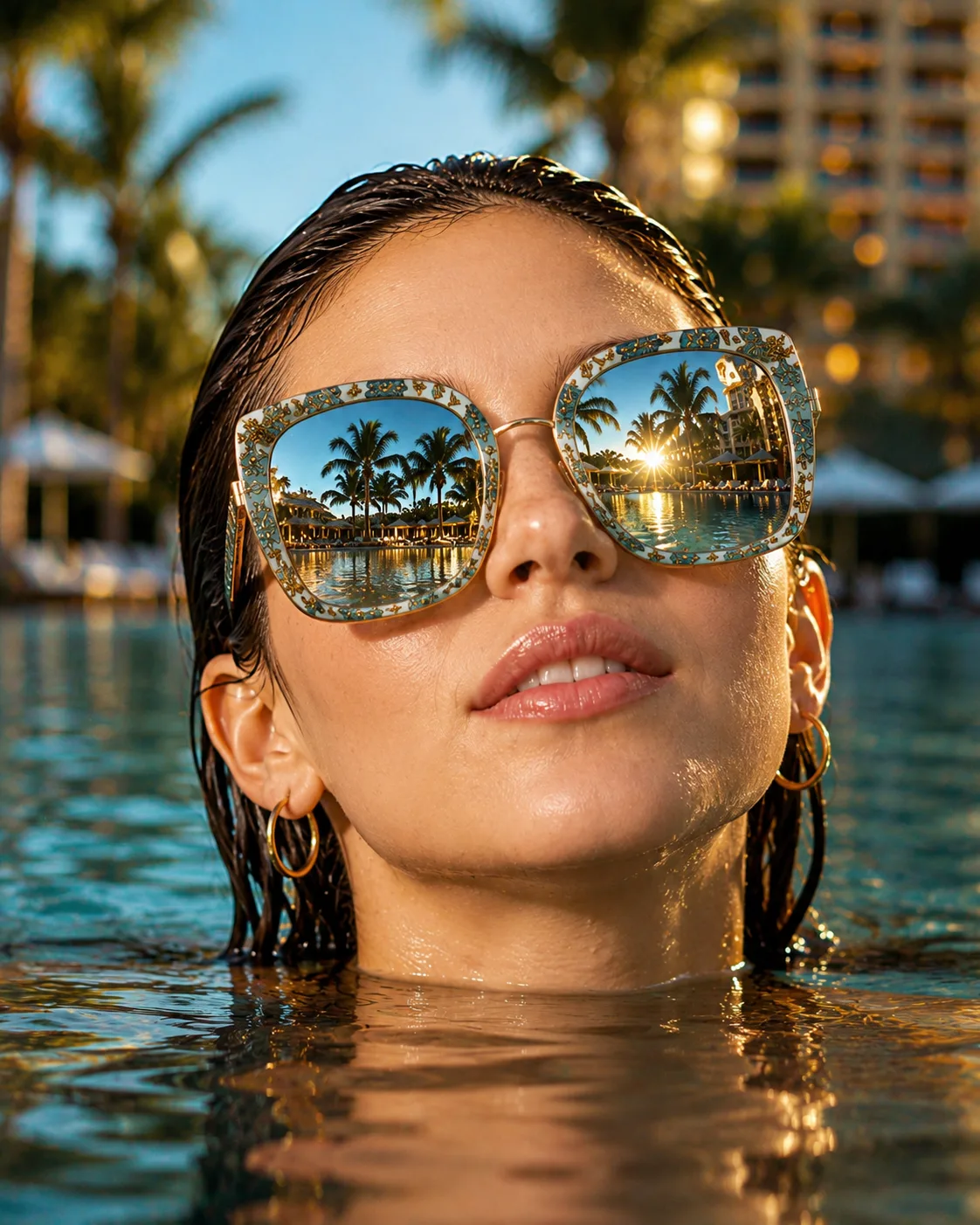 a woman in a pool with sunglasses