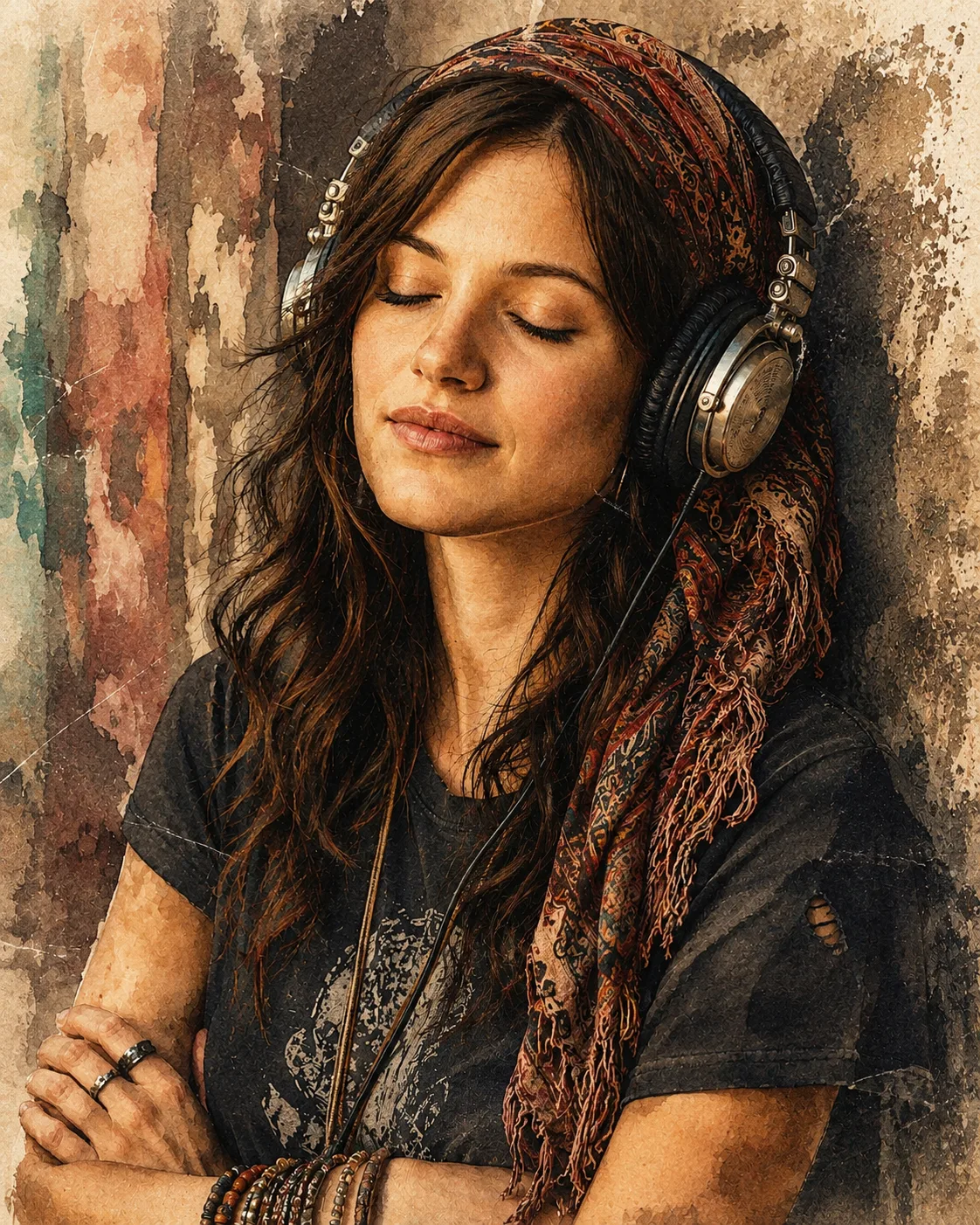 A water color portrait of a woman immersed in music