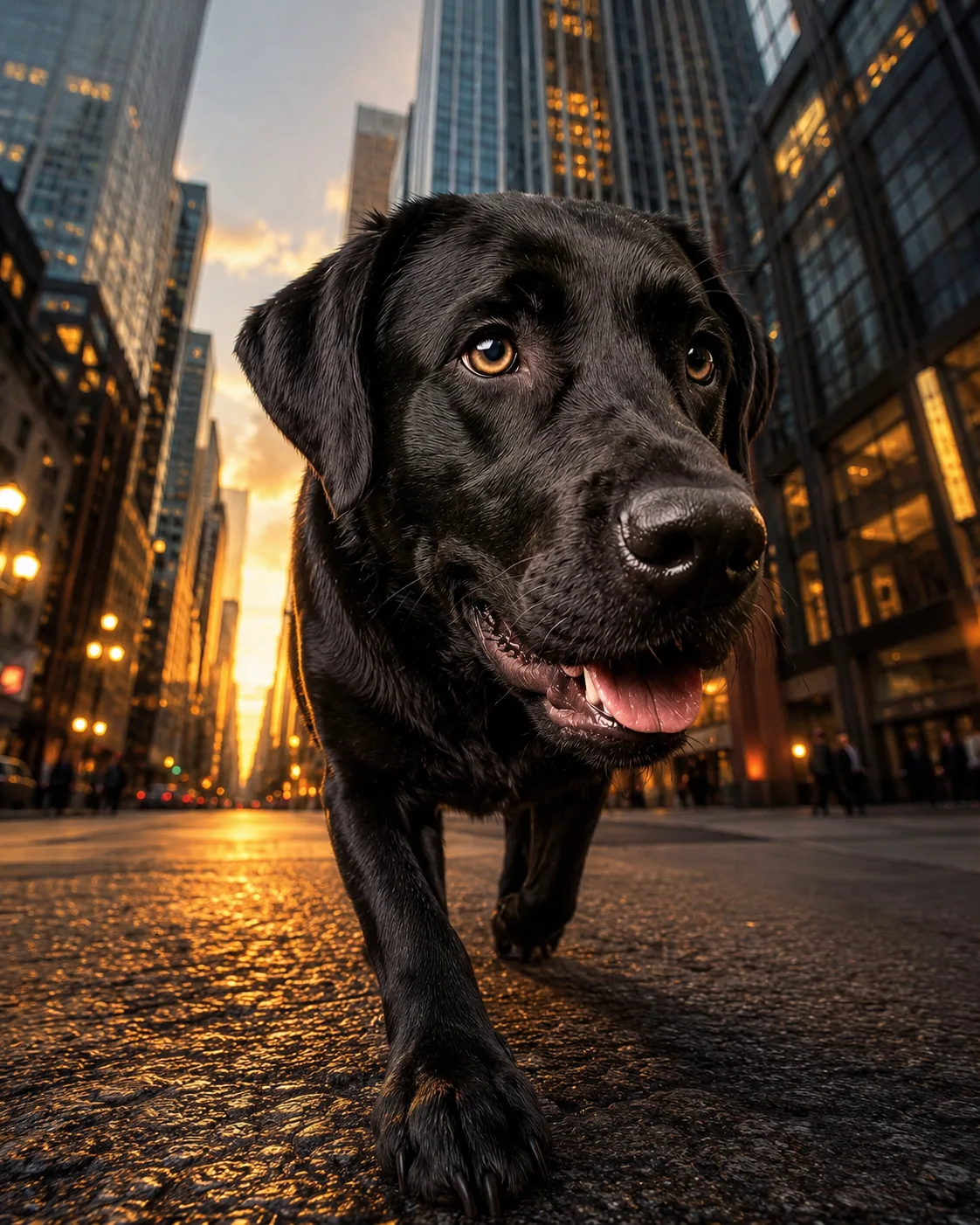 A low angle shot of a black labrador walking through a city street