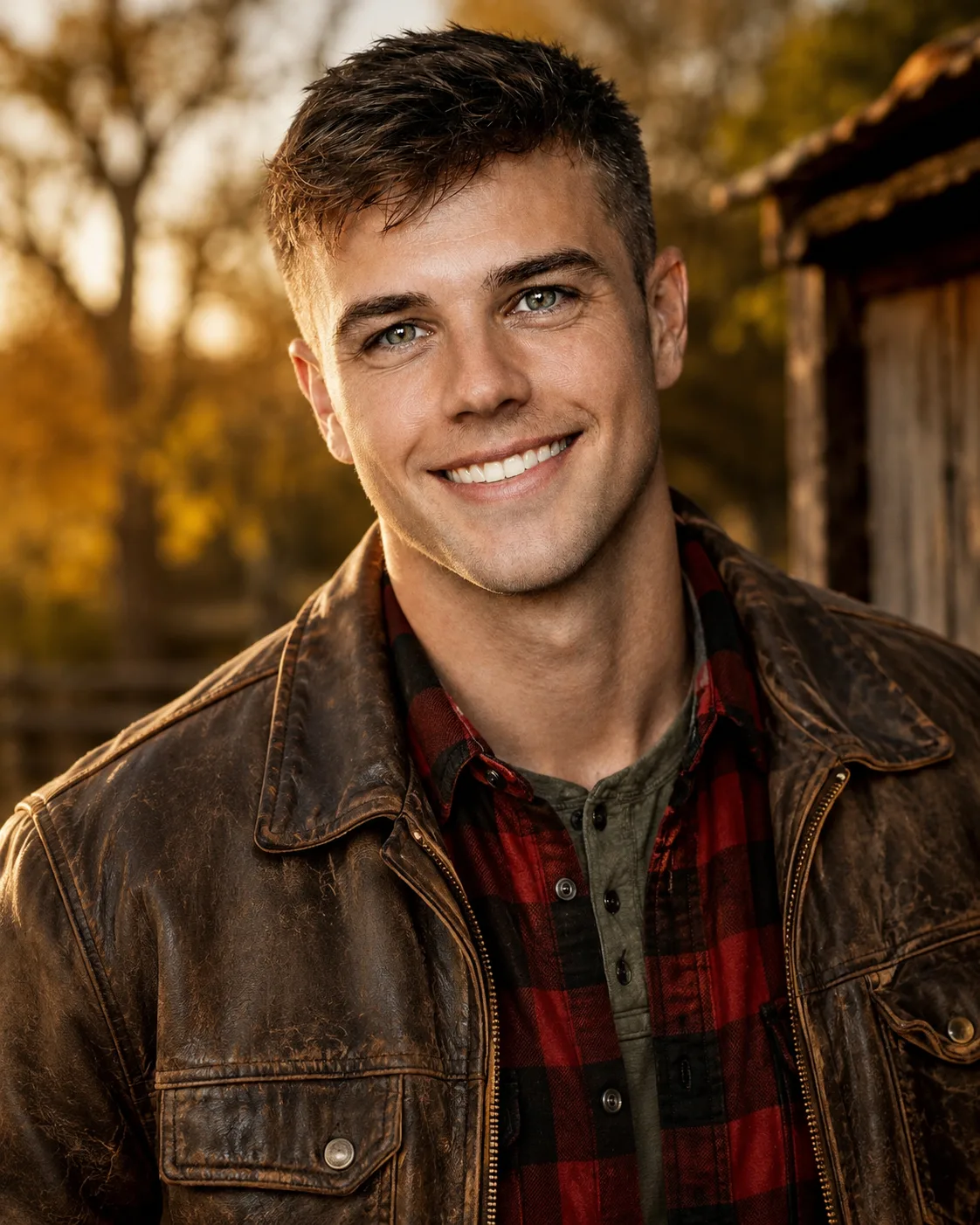 A man posing in a fall country side.