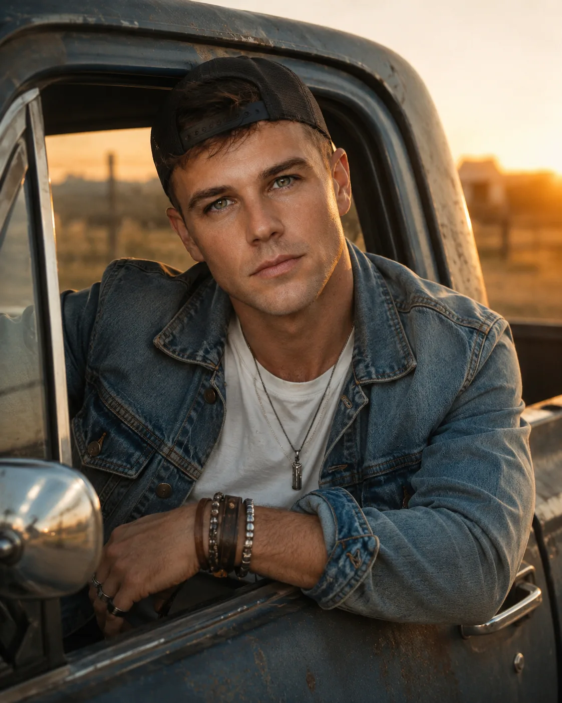 A young country boy driving a old pickup truck
