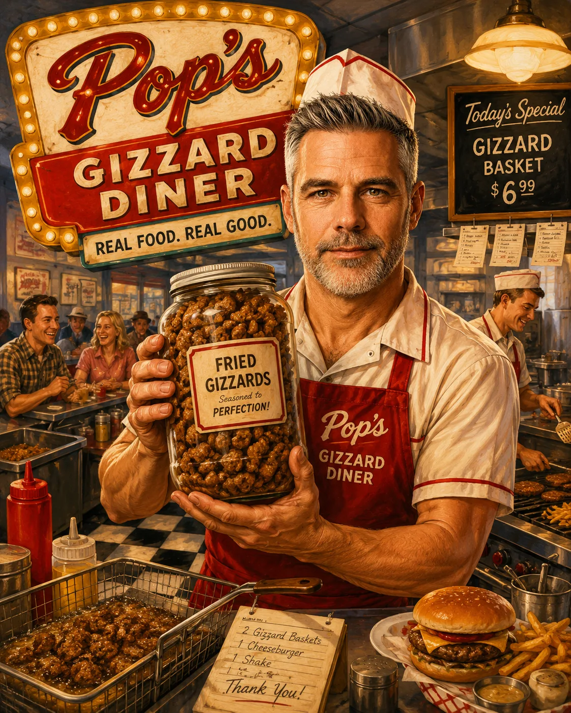 A semi cartoon food vendor selling gizzards