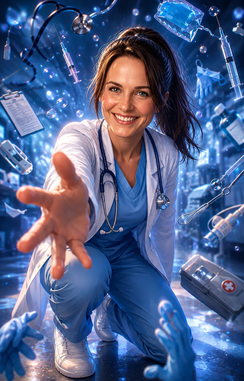 A Creative shot of a nurse and her tool in the air around her.