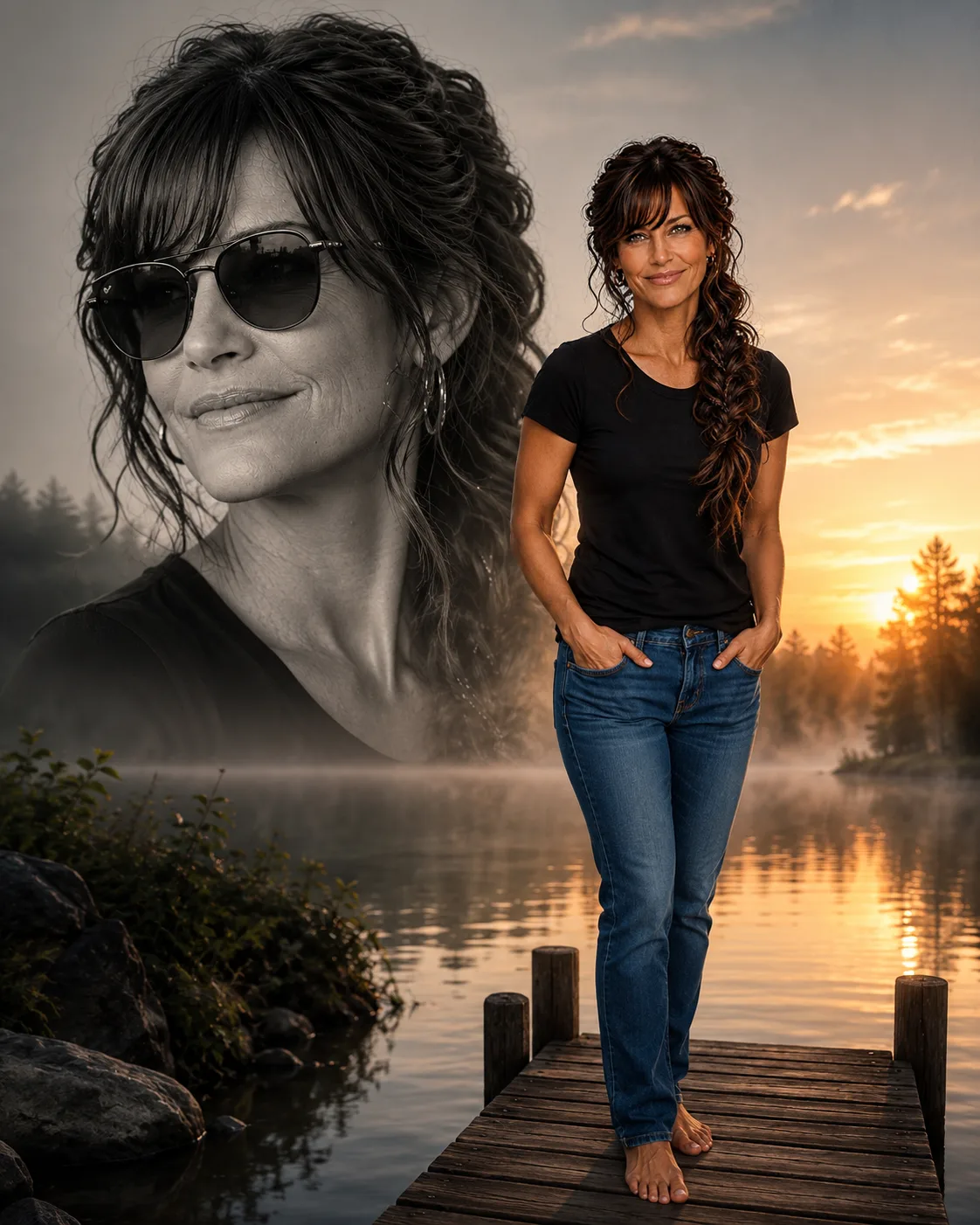 A double exposure of a woman standing on a boat dock